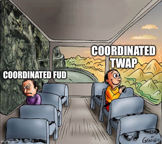 A 'coordinated FUD' vs 'coordinated TWAP' meme using the classic 'two guys on a bus' format, where one character looks miserable at the rocky wall while the other smiles at the pleasant view.