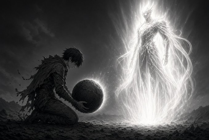 A dramatic black and white fantasy illustration of a kneeling warrior holding a dark sphere, facing a towering radiant ghost-like figure glowing with ethereal light.