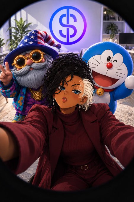 Stylized image showing a woman in a burgundy blazer taking a selfie, flanked by a wizard character and a Doraemon-like figure, with a dollar sign ($) logo at the top.