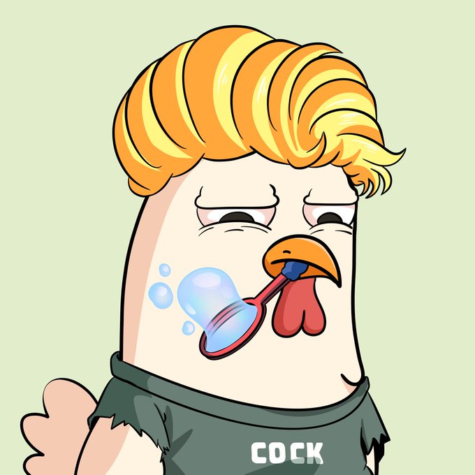 A cartoon chicken with blonde, Trump-like hair blows a bubble from gum in its beak, wearing a shirt labeled "COCK." The image humorously represents the newly minted "flock" community referenced in the post, celebrating their successful NFT mint with a playful, anthropomorphized mascot.