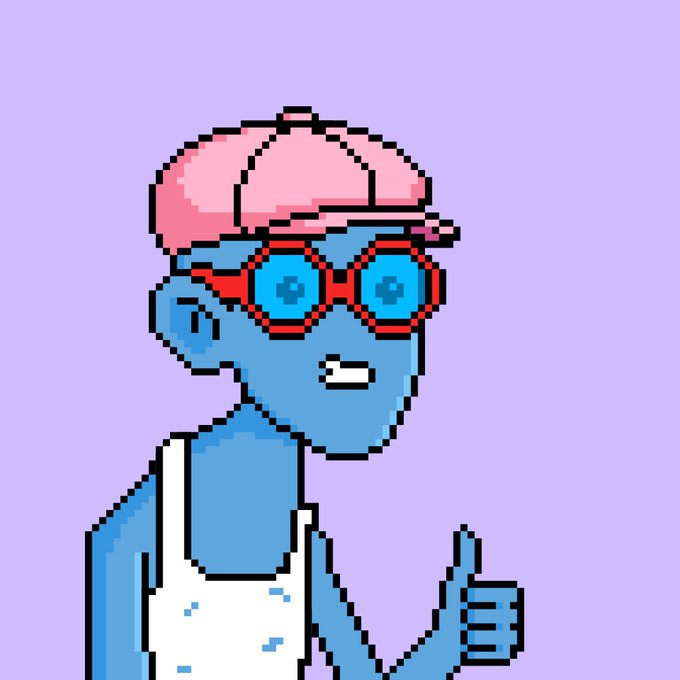 A pixel art illustration depicts a blue-skinned character with a pink brain-like hat, blue glasses, and a white tank top giving a thumbs-up against a purple background.
