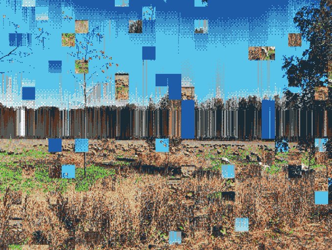 A glitch art landscape showing a forest and field, heavily distorted with pixelation, blue color blocks, and digital artifacts breaking up the image.