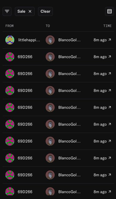 A dark-themed transaction history interface filtered by 'Sale' tag, showing multiple 8-minute-old transfers between accounts 69D266 and BlancoGold, with one from littlehappi to BlancoGold.