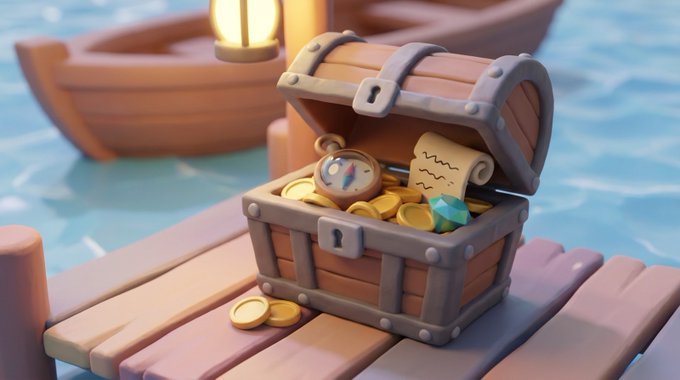 A 3D-rendered illustration of an open wooden treasure chest sitting on a wooden dock by the water, filled with gold coins, a compass, a scroll, and a green gem, with a boat and lantern in the background.