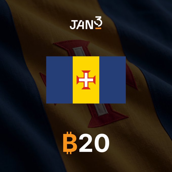 A promotional graphic for JAN3 featuring the flag of Madeira, a Portuguese autonomous archipelago, displayed over a background resembling a flag with a red cross emblem. The image includes the text "B20" with an orange Bitcoin symbol replacing the "B," referencing Madeira's #20 ranking in the 2025 Nation-State Bitcoin Report as a leading destination for Bitcoin-related investment and talent.
