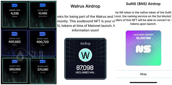 A collage promotes “Walrus Airdrop” and “SuiNS ($NS) Airdrop,” showing NFT-style season/deep cards, a central “87098 UNCLAIMED WAL” airdrop panel, and a purple “12,727 NS” exclusive airdrop card.