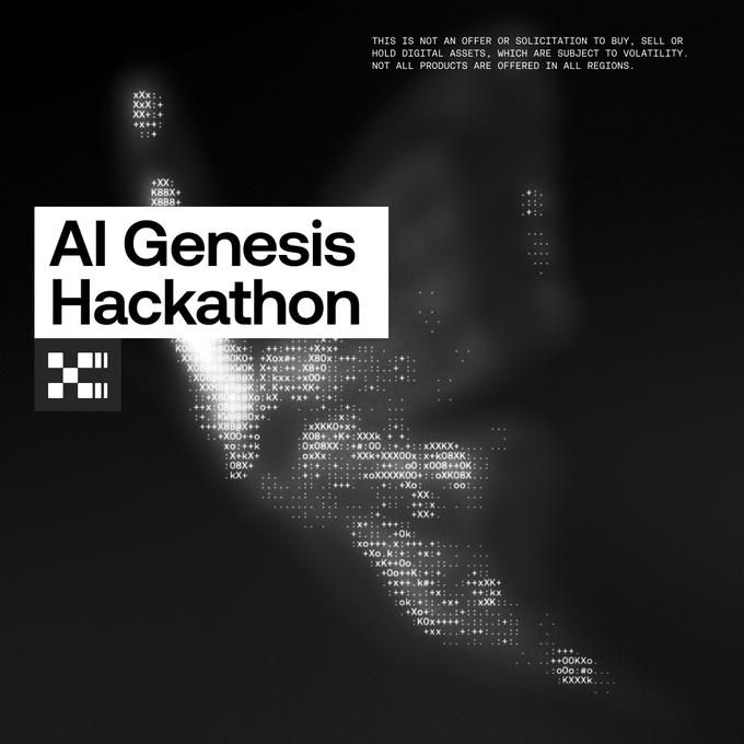 A promotional graphic for the "AI Genesis Hackathon," featuring a dark background with ASCII-style letterforms and a logo, inviting participants to build an AI agent for OKX and compete for a share of a $100,000 prize pool. The image aligns with the post by highlighting the event's branding and the opportunity to develop Agent Service Providers for OKX.AI.