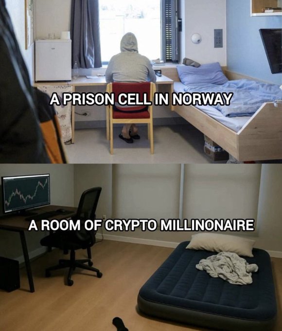 Two-panel comparison meme showing 'A PRISON CELL IN NORWAY' (top) with a furnished room and 'A ROOM OF CRYPTO MILLIONAIRE' (bottom) featuring a basic inflatable mattress and trading setup.