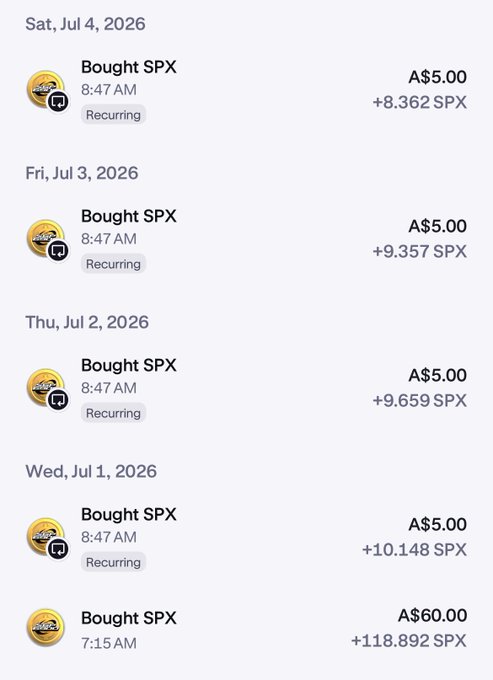 A transaction history showing recurring daily purchases of SPX for A$5.00 from July 1 to July 4, 2026.