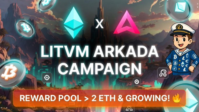 A promotional banner for the 'LITVM ARKADA CAMPAIGN' featuring Ethereum and LitVM logos, a Bitcoin coin, and a cartoon sailor character, with text announcing 'REWARD POOL > 2 ETH & GROWING!'.
