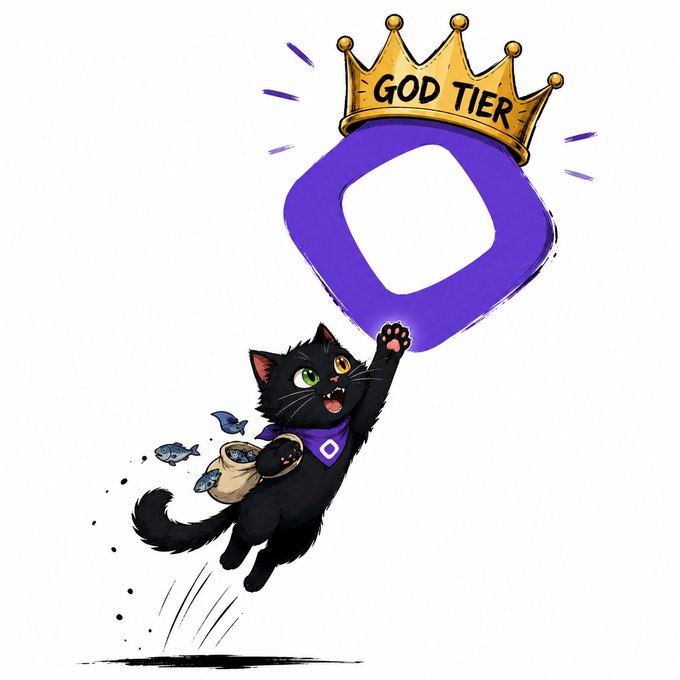 An illustrated black cat with green and yellow eyes reaches upward toward a purple logo wearing a gold crown labeled "GOD TIER," while holding a bag of fish.
