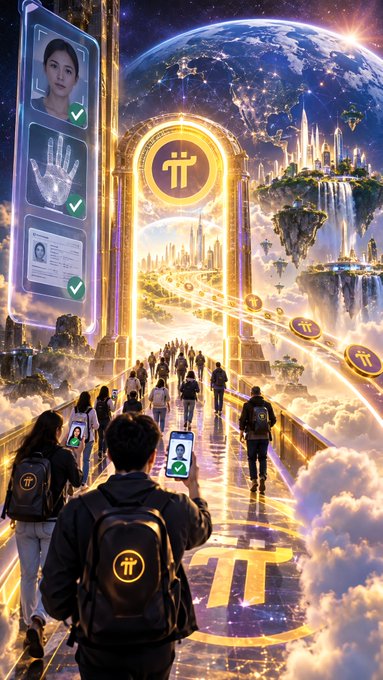A fantastical sci-fi illustration showing a golden gateway leading to floating cities above Earth, with people carrying backpacks adorned with a 'TT' logo walking across a cloudy bridge.