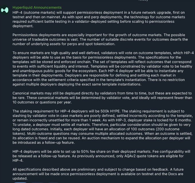The image displays an official Hyperliquid announcement detailing HIP-4, the protocol's plan for permissionless deployment of outcome markets, featuring requirements like a 500k HYPE staking requirement for deployers, validator-voted outcome templates, 100 outcome allocation per deployer (200 tokens), and up to 50% fee share on deployed markets.