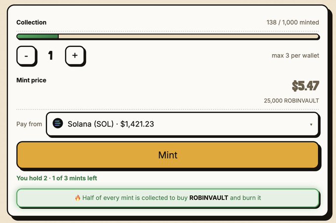 A digital minting interface shows '138 / 1,000 minted', a quantity selector set to 1, a mint price of $5.47, with payment in Solana (SOL) at $1,421.23, and a note that 'Half of every mint is collected to buy ROBINVAULT and burn it'.