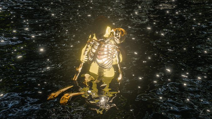 A glowing yellow and orange skeleton figure stands in dark water surrounded by floating sparkles, casting a reflection on the rippling surface.