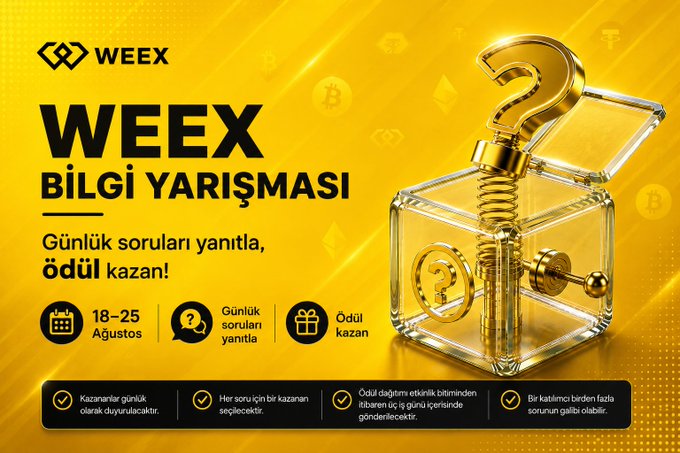 A promotional banner for the WEEX Bilgi Yarışması (Knowledge Quiz Competition) running August 18-25, featuring a golden question mark popping out of a clear puzzle box against a yellow background, with details about daily questions, prizes, and rules such as winners being announced daily and receiving token rewards.
