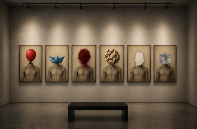 An art gallery displays six portraits of figures with various objects (balloon, paper boat, red mass, crumpled paper, white mass, ice cube) in place of their heads, with a black bench in the center.