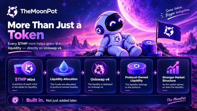 A promotional infographic for TheMoonPot's $TMP token, featuring a friendly astronaut mascot against a purple cosmic backdrop, illustrating the five-step liquidity process: $TMP Mint, Liquidity Allocation, Uniswap v4, Protocol-Owned Liquidity, and Stronger Market Structure. The tagline "More Than Just a Token" and "Built in. Not just added later" visually reinforces the post's message that $TMP's liquidity is structurally embedded into the protocol rather than added after launch.