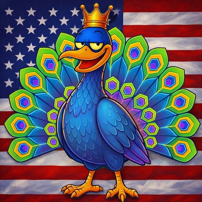A colorful, cartoon-style illustration of a blue peacock wearing a golden crown, standing in front of an American flag.
