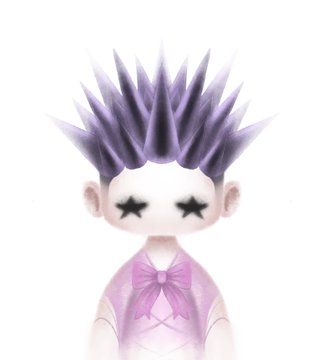 A doll or figurine with spiky purple hair, star-shaped eyes (X eyes), pale skin, and wearing a lavender/purple dress with a bow on the chest against a white background.
