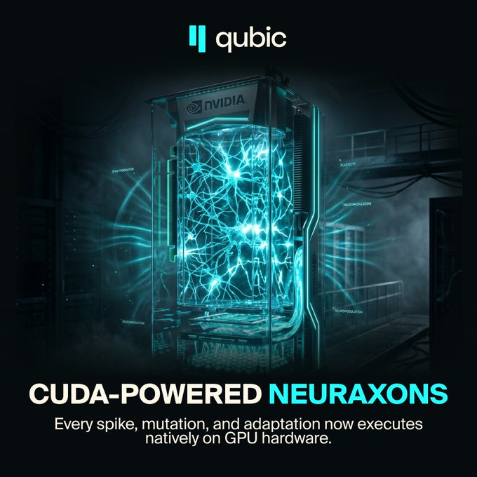 The image shows a computer screen with a blue neon-colored display featuring a large circuit board with many wires and lights. The text at the bottom of the image reads "Qubic Science has released CuNxon. Full Neuraxon computation ported toNVIDIA CUDA kernels. Every operation a Neuraxon can perform, from spike propagation to plasticity to neuromodulation, now runs natively on NVIDIA GPUs".