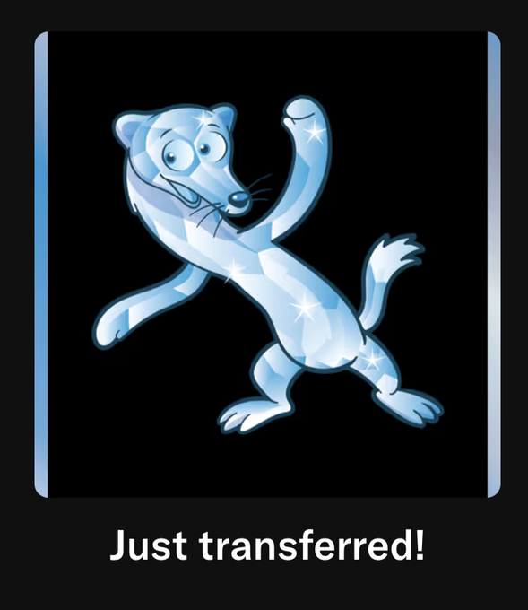 A cartoon diamond-shaped weasel character is shown on a black background with the caption "Just transferred!"—visually representing the user's excitement about acquiring a VeeFriends NFT, the project founded by Gary Vaynerchuk.