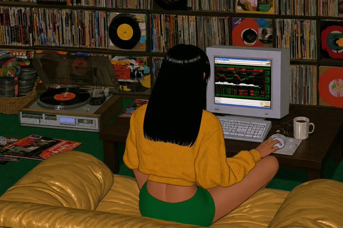A digital illustration showing a young woman with long black hair, wearing a yellow sweater and green shorts, sitting at a desk using a computer with stock charts on the monitor, surrounded by shelves of vinyl records.