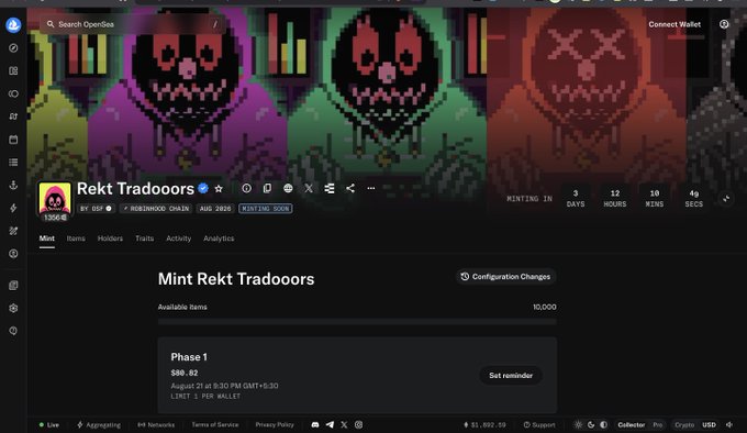 An OpenSea NFT minting page for the 'Rekt Tradoors' collection by GSX on the Rob Hood Chain, showing 10,000 available items, a countdown timer, and pricing for Phase 1 at $80.82.