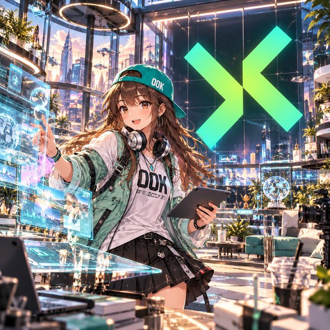 An anime-style illustration of a girl wearing a teal cap and jacket with 'DDK' branding, holding a tablet and making a peace sign in a futuristic glass room with a city view and a large glowing green X logo.