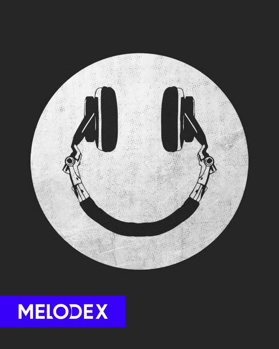 A stylized black and white circular logo featuring headphones that form a smiley face, with the text 'MELODEX' in a blue box at the bottom.