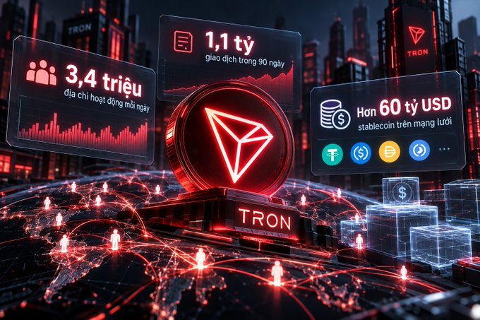 A stylized digital graphic representing the TRON blockchain network, featuring its diamond logo surrounded by data panels displaying '1.1 ty', '3.4 triệu', and 'Hơn 60 tỷ USD' in Vietnamese.
