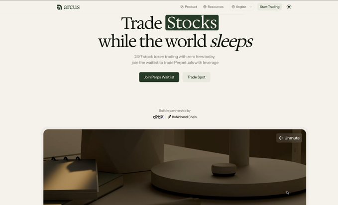 The image shows a webpage for "Arcus" promoting 24/7 stock trading on the Perpetuals, built in partnership with dYdX and Robinhood Chain. The bold tagline reads "Trade Stocks while the world sleeps," with options to "Join Perps Waitlist" or "Trade Spot." It relates to the #Arcus airdrop by showcasing the platform's branding and features, encouraging users to engage with Arcus to potentially qualify for airdrop rewards.