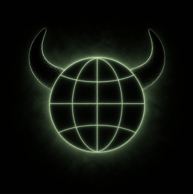 A glowing green wireframe globe with dark horns is displayed against a black background, serving as a logo or emblem.