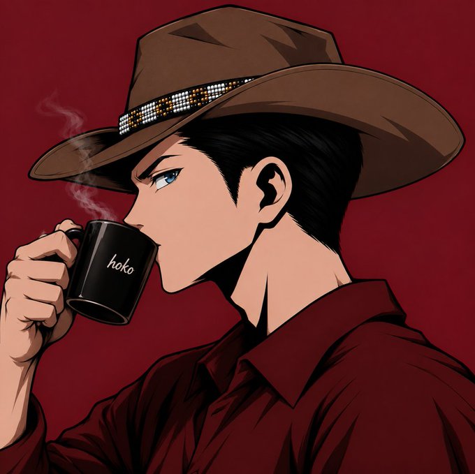 Anime-style illustration of a man in a brown fedora and red shirt drinking from a black mug labeled 'hoko', with steam rising against a deep red background.