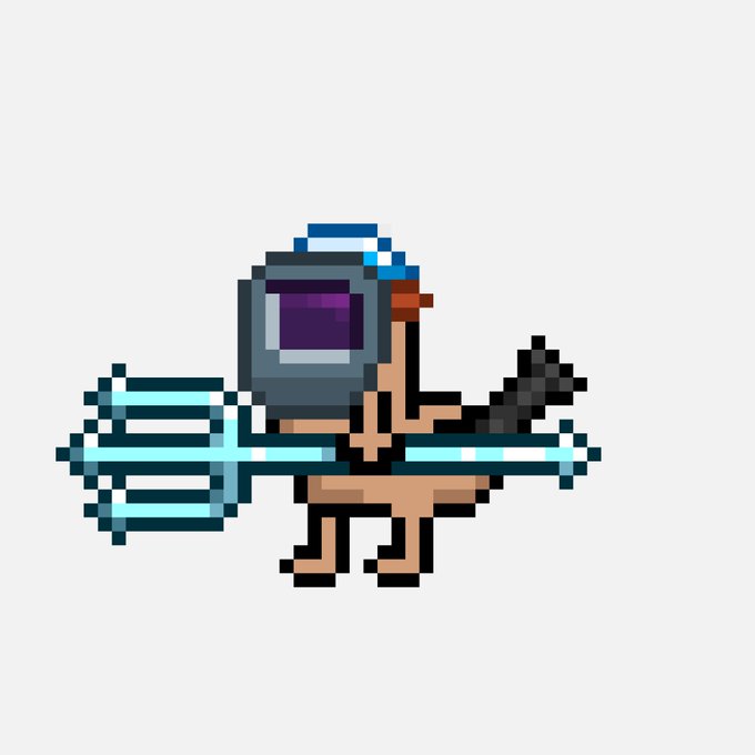 A pixel art character resembling an Among Us crewmate in a spacesuit, holding a large glowing blue futuristic rifle.