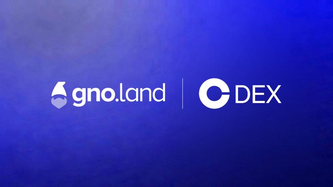 A promotional graphic on a blue background displays the white logos "gno.land" and "C DEX" separated by a vertical line.