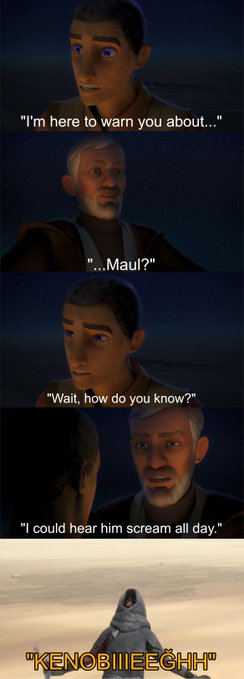 A meme from Star Wars: The Bad Batch featuring clones discussing a character named Maul, with dialogue: "I'm here to warn you about..." "...Maul?" "Wait, how do you know?" "I could hear him scream all day," captioned "KENOBIIEECHI" with a cloaked figure screaming below.