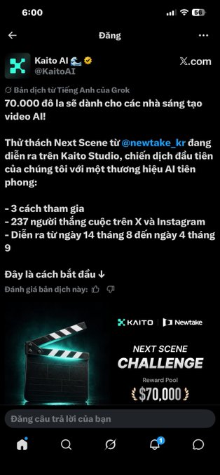 Screenshot of a Vietnamese-language social media post by Kaito AI (@KaitoAI) about the 'Next Scene Challenge' film contest with Newtake, featuring a $70,000 reward pool and a clapperboard graphic, dated for entries between August 14-24.