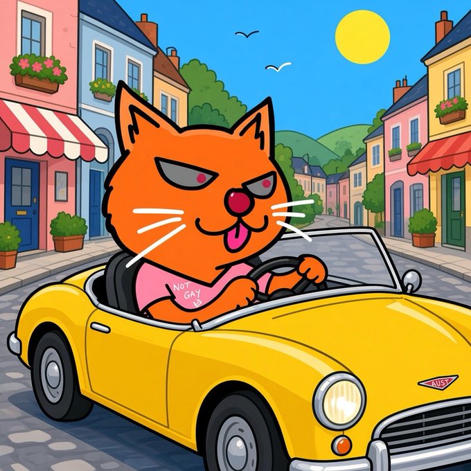 A cartoon illustration of an orange cat with a sly expression driving a yellow convertible through a colorful European-style village street, wearing a pink shirt that says 'NOT GAY'.