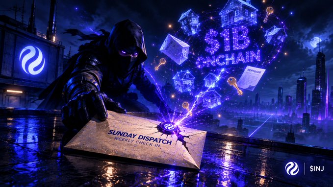 A promotional image for Injective's 'Sunday Dispatch Weekly Check-in' featuring a hooded figure in a futuristic cityscape with floating buildings, houses, and keys, alongside '$1B ONCHAIN' text in purple.
