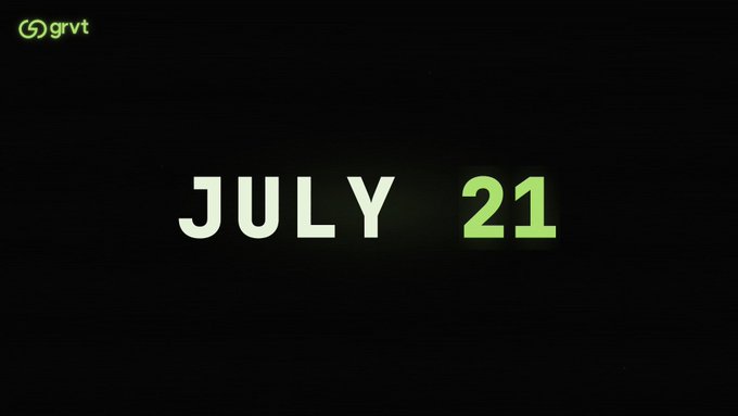 A black screen displays "JULY 21" in bold white and green text, with the GRVT logo in the top-left corner, promoting the TGE date announced in the accompanying post. The minimalist countdown graphic emphasizes the upcoming token generation event just 18 days away.