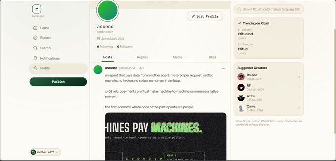 A screenshot of a Ritual social media profile for user 'asceno' (@984d4ba4), showing a post about x402 micropayments and an image reading 'MACHINES PAY MACHINES'.