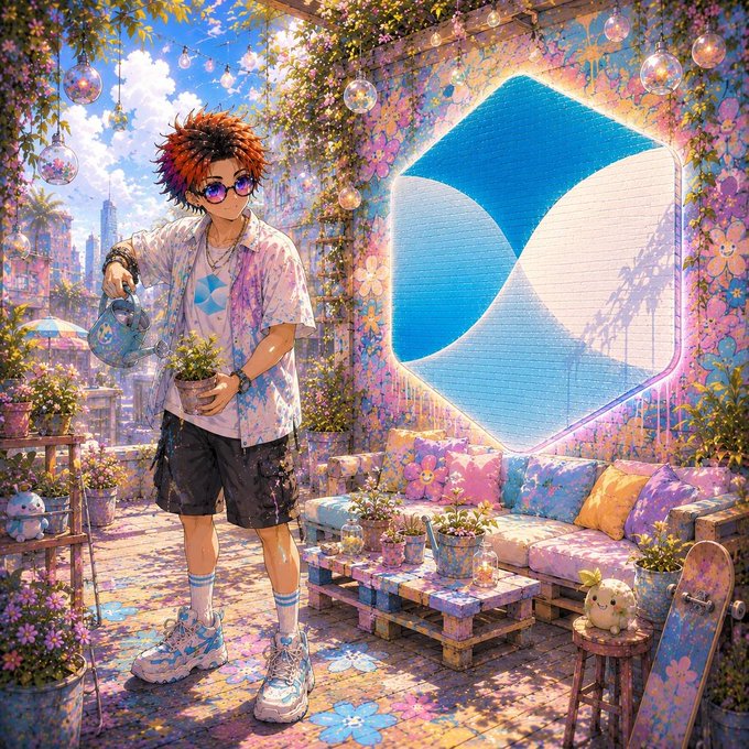 An anime-style illustration of a young man with spiky orange and black hair wearing sunglasses, a floral shirt, and shorts while watering plants in a vibrant, flower-covered outdoor space with a large blue logo on the wall behind him.