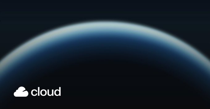 A dark, atmospheric image features a glowing blue arc resembling a planet's curvature against a black background, with a white cloud icon and the word "cloud" in the lower-left corner. The minimalist cloud imagery visually reinforces the post's message about NEAR AI delivering accessible, cloud-based confidential AI inference for developers.