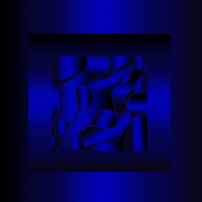 An abstract digital artwork featuring wavy blue ribbon-like shapes inside a dark frame against a deep blue background.