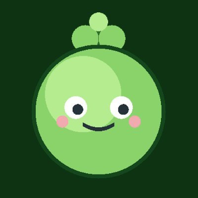 Cute cartoon illustration of a round green slime-like character with big eyes, pink cheeks, and a sprout on its head, set against a dark green background.