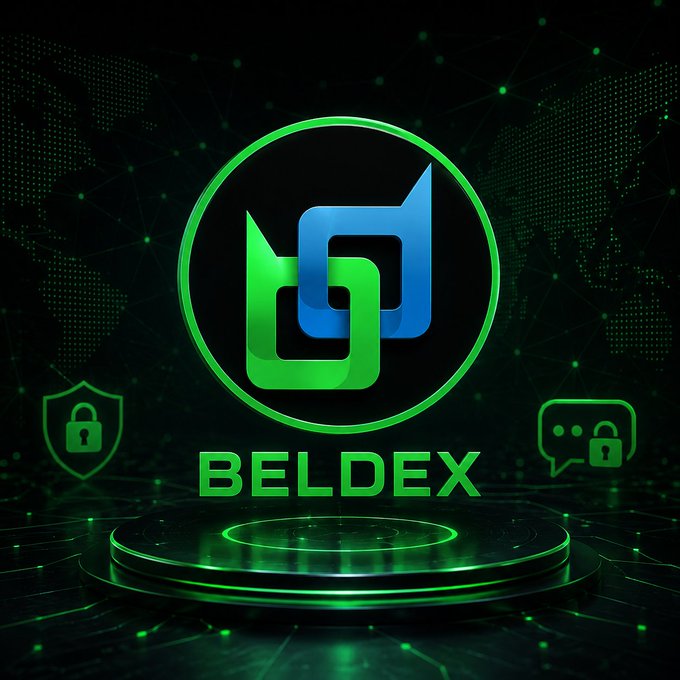 A logo for 'BELDEX' featuring an interlocking green and blue symbol, with a security shield and lock icons against a dark green digital background.