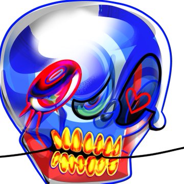 A digital illustration of a stylized blue skull-like head with one red mechanical eye, mismatched colorful eyes, and sharp yellow teeth.