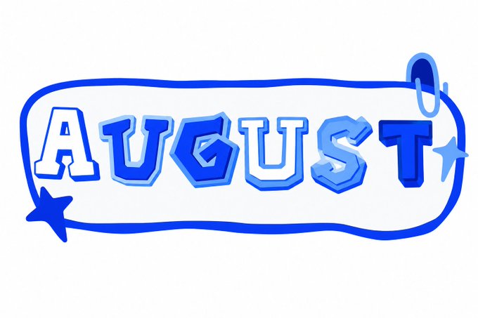 Stylized blue text reading 'AUGUST' enclosed in a decorative blue bubble frame with small star accents, designed for the month of August.
