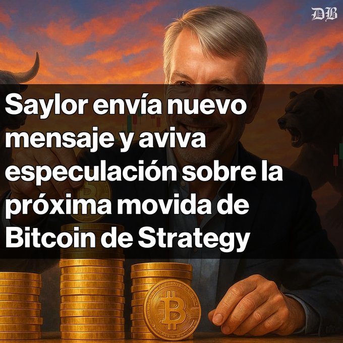 A Spanish-language news graphic with the headline 'Saylor envía nuevo mensaje y aviva especulación sobre la próxima movida de Bitcoin de Strategy', featuring an illustrated man with stacks of Bitcoin.